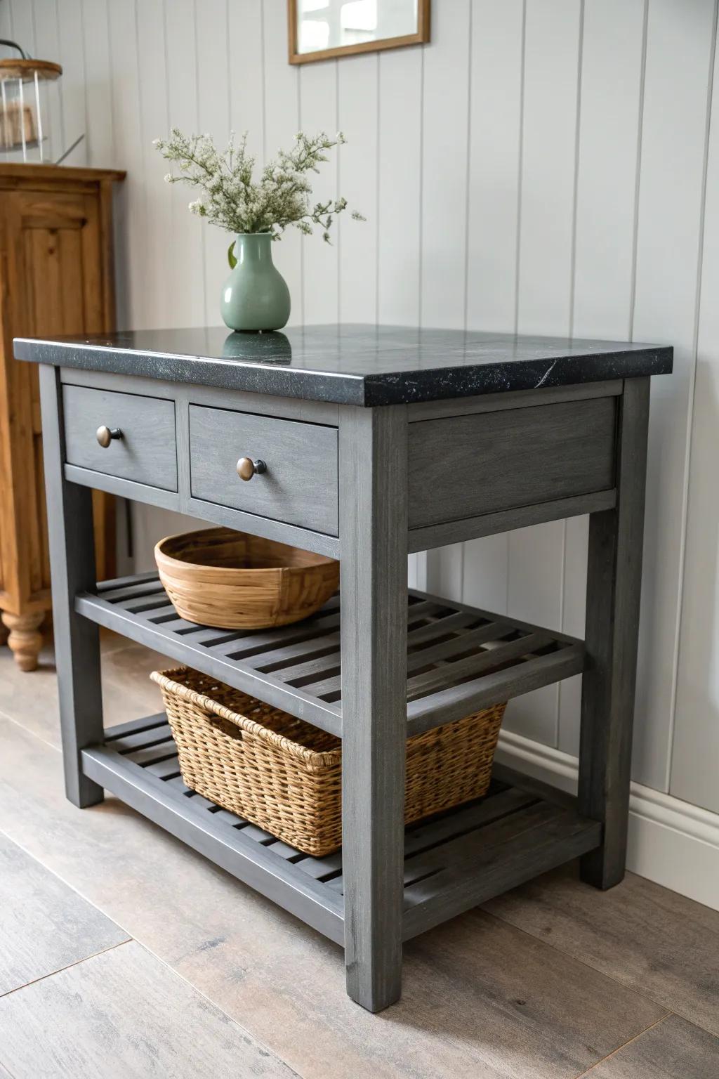 Charcoal gray cabinets + black granite: a moody, tailored combo that feels custom and luxe.