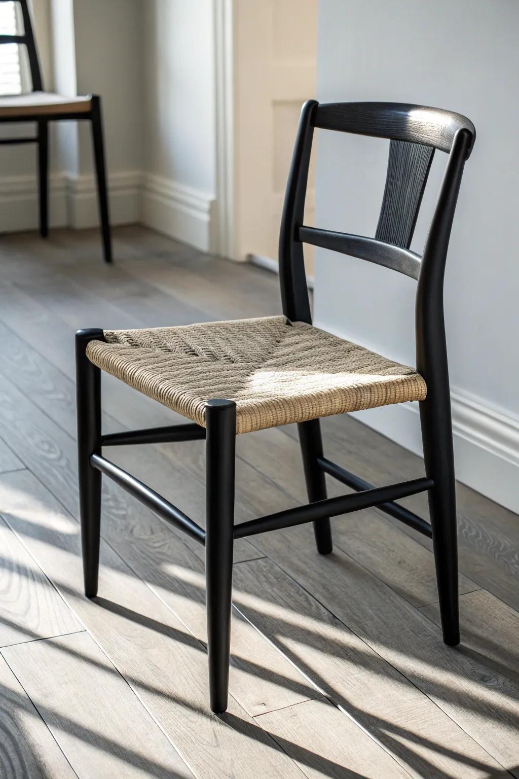 Matte-black dining chair on gray floors—an easy, bold contrast that feels clean and designer.
