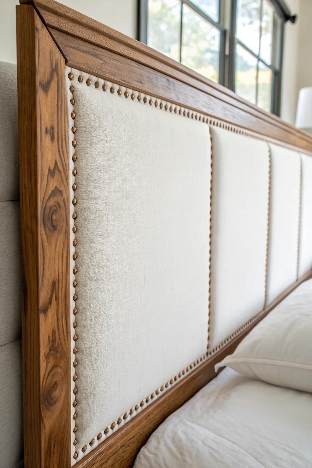 White linen upholstery framed in warm stained wood—cozy contrast with a clean, crafted look.