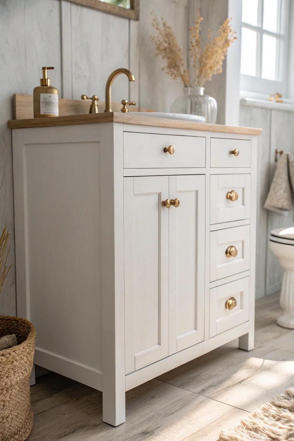 White vanity, warm brass pulls—simple Scandinavian calm with a cozy, polished glow.