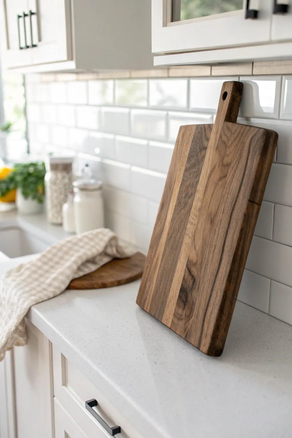 Warm walnut board on white counters with classic subway tile—minimal, timeless, feminine.