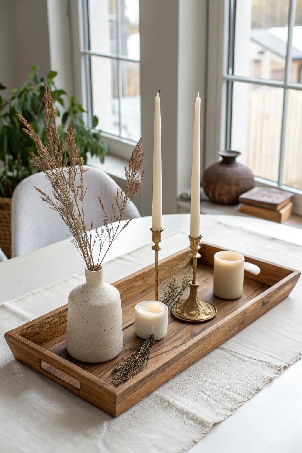 A warm wood tray with candles and a petite vase—an effortless centerpiece for a white table.