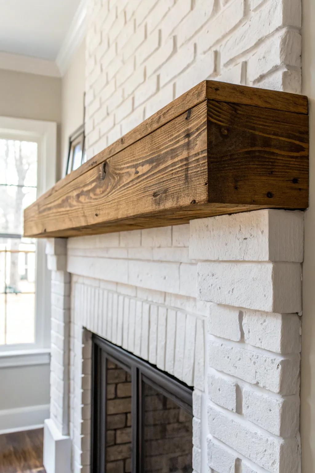 White brick fireplace with a thick reclaimed wood mantel—minimal, warm, and timeless.