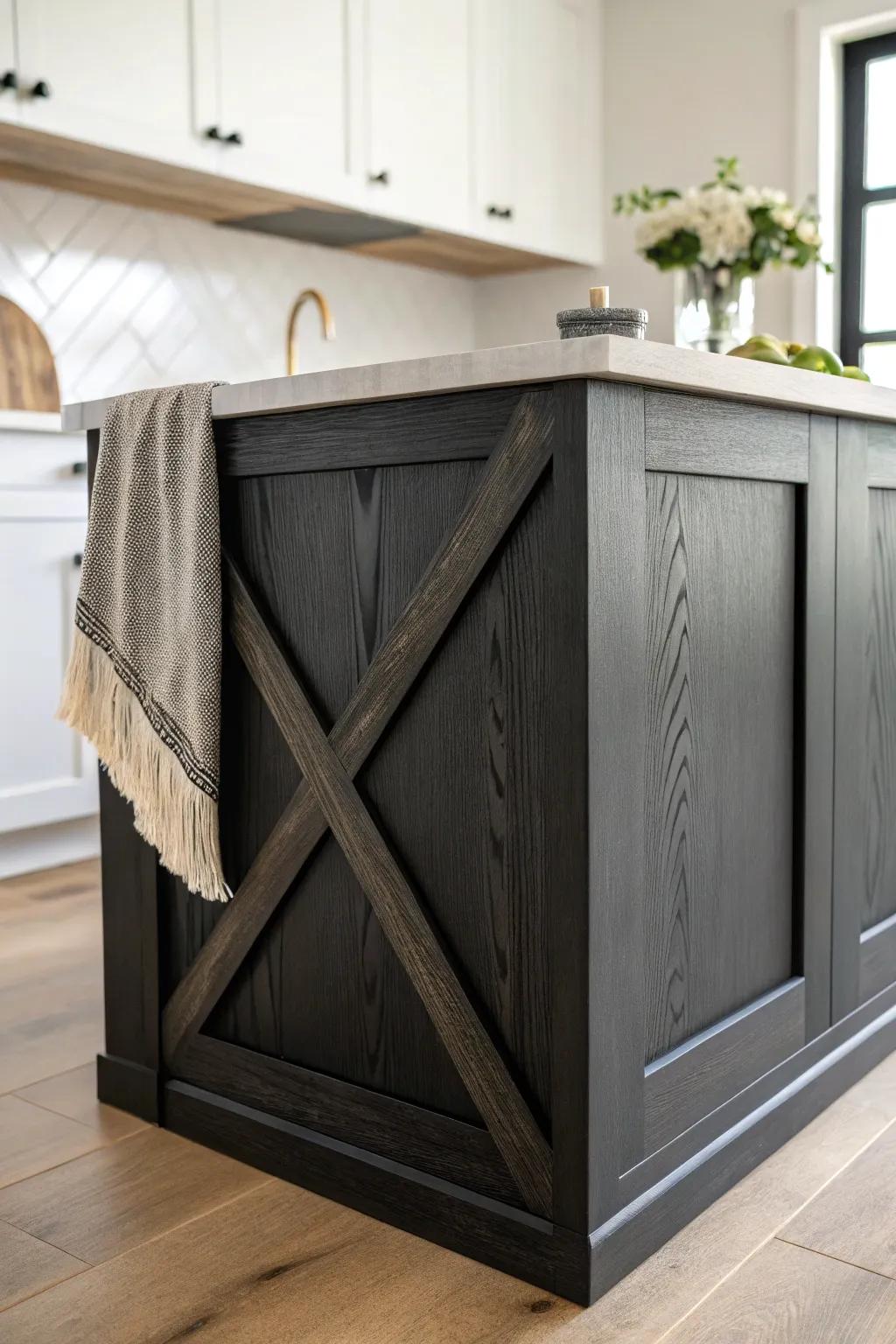 Matte black island with a clean X-brace end—farmhouse character in a bright white kitchen.