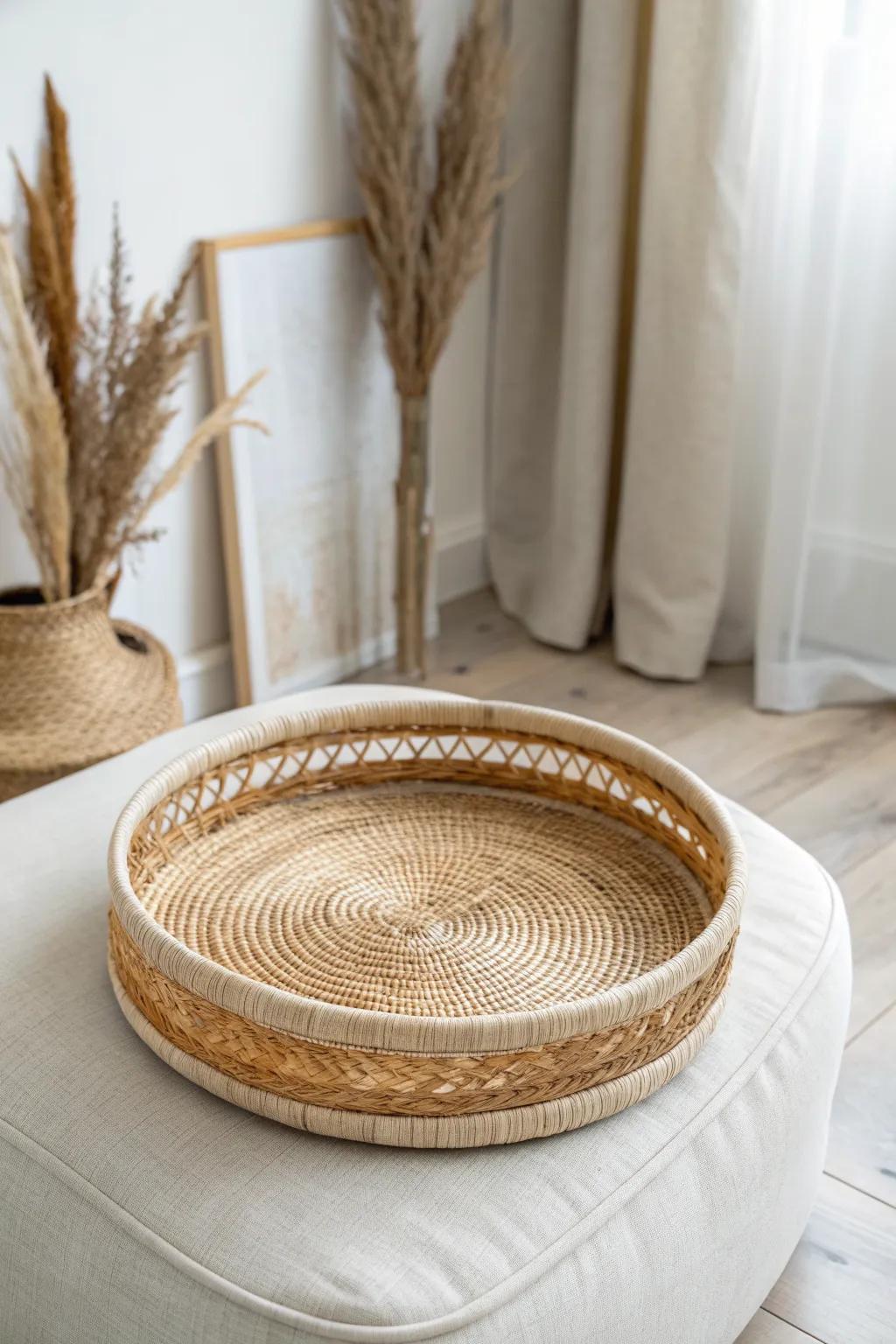 A woven wicker tray on a linen ottoman adds beauty and a stable spot for everyday essentials.