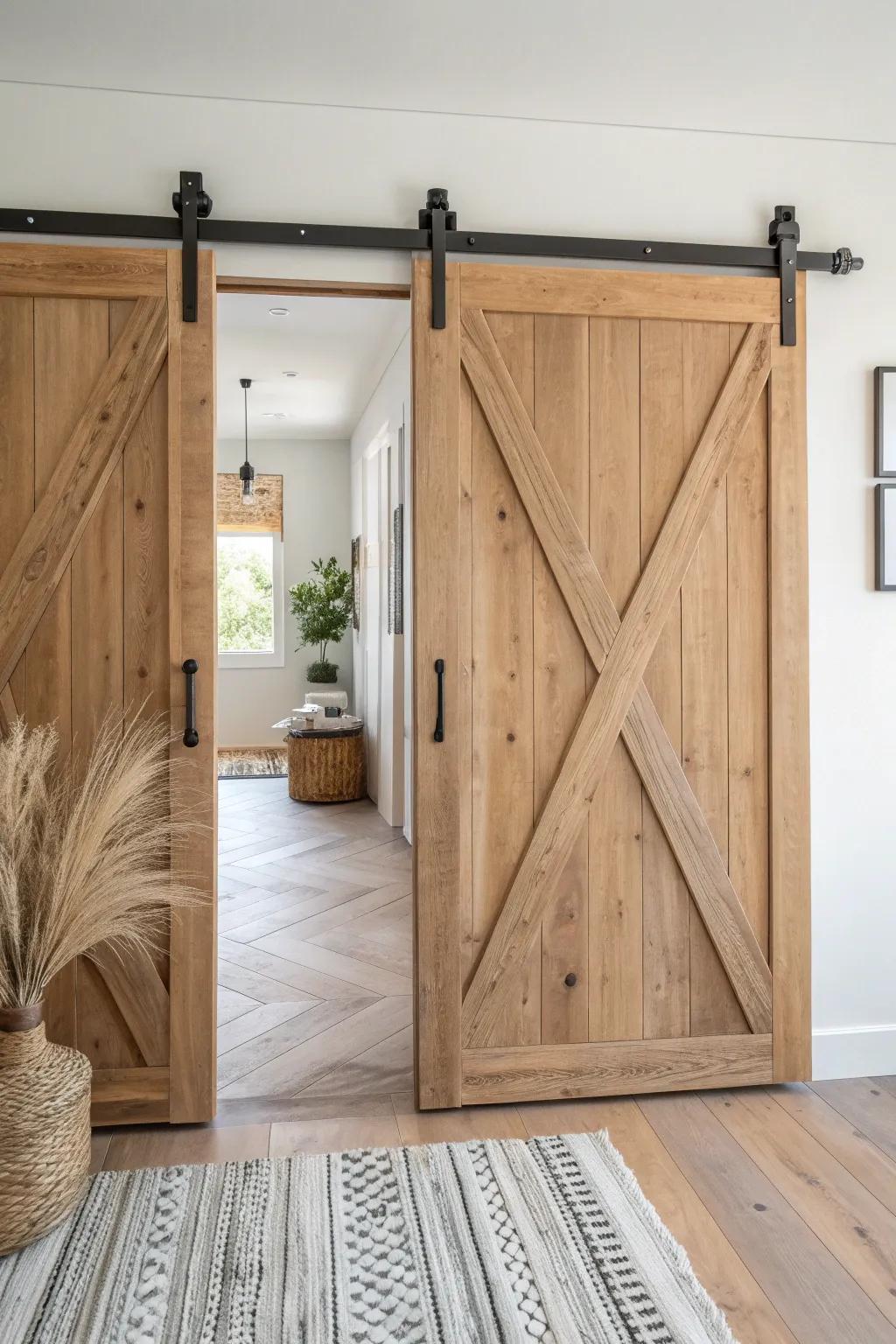 Double sliding barn doors that span a wide doorway—clean lines, reclaimed wood, no swing.