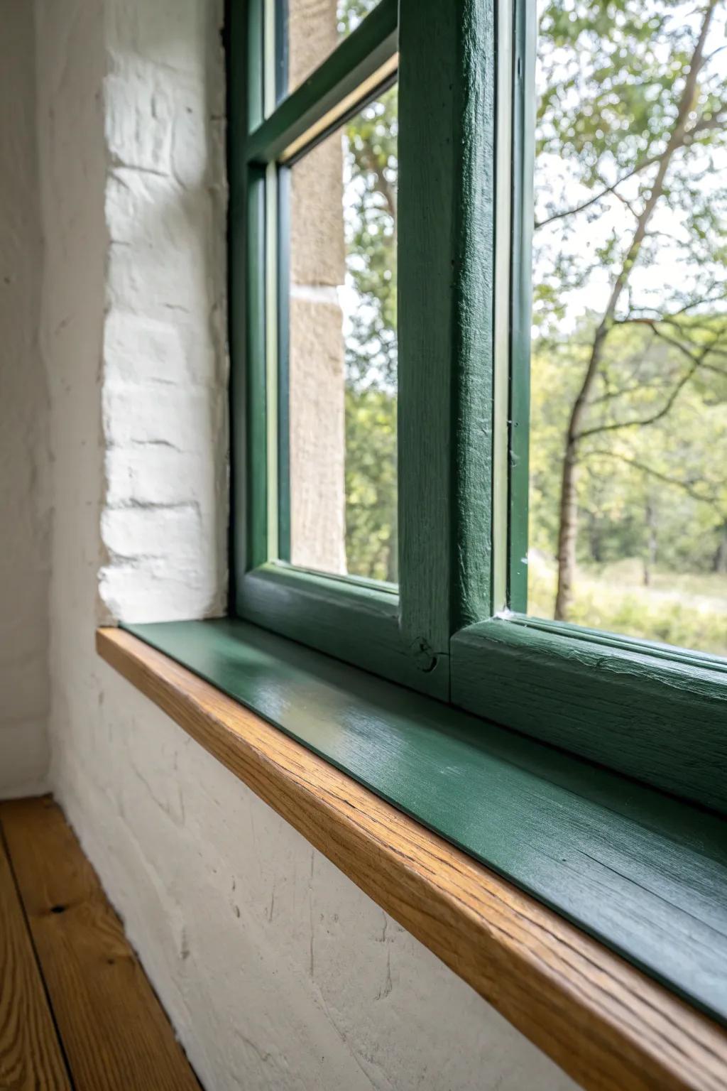 Deep forest green turns a window sill into a grounded, modern neutral beside warm wood.