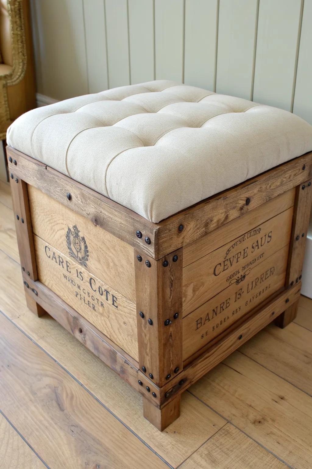 Rustic wine crate turned into a chic upholstered ottoman—hidden storage with cozy Scandi charm.