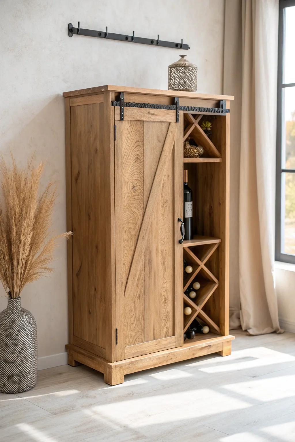 Rustic sliding-door wine cabinet—farmhouse charm with clean Scandinavian lines and warm grain.