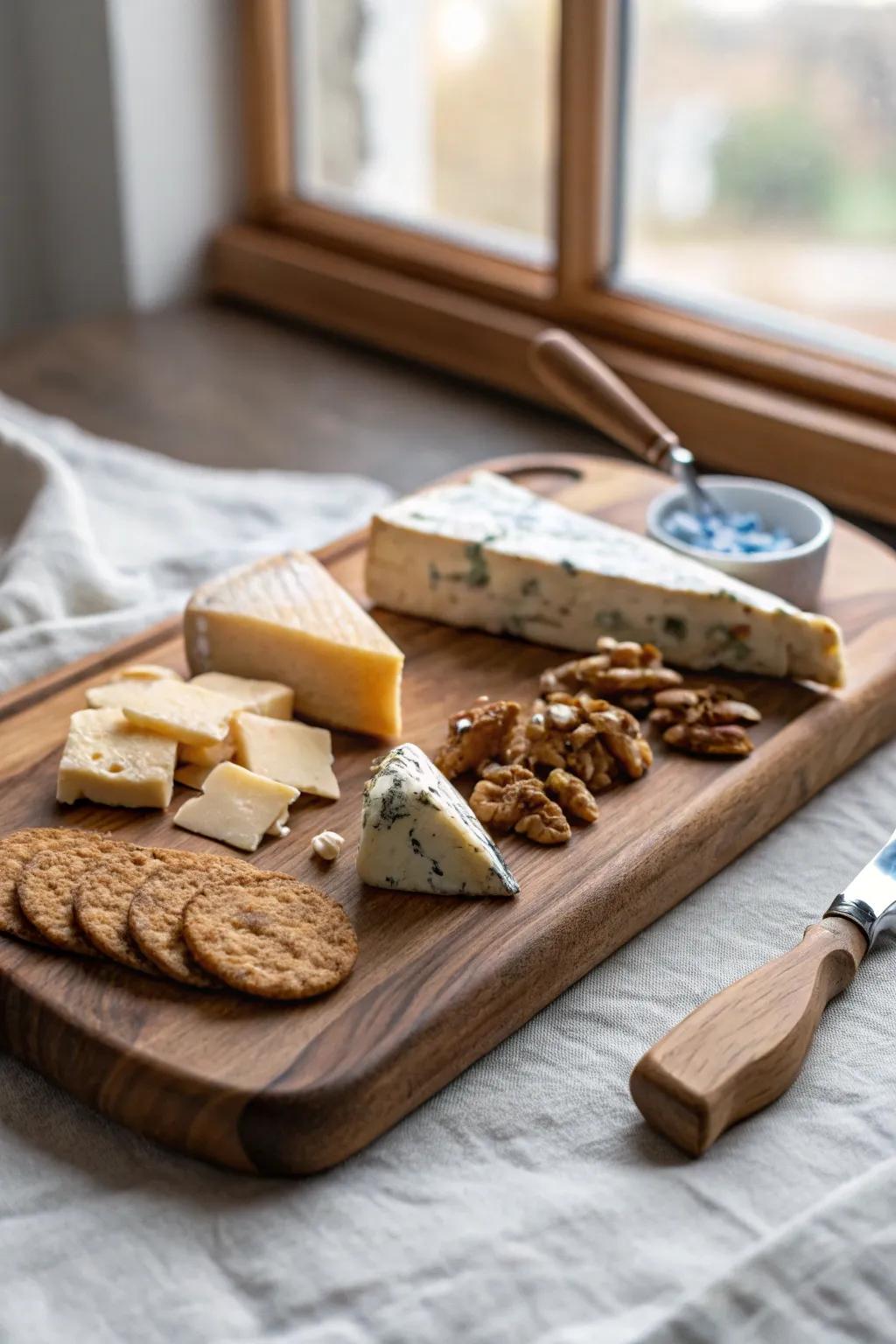 Cheese-first board: mix soft, firm, and funky cuts for an effortless wine pairing win.