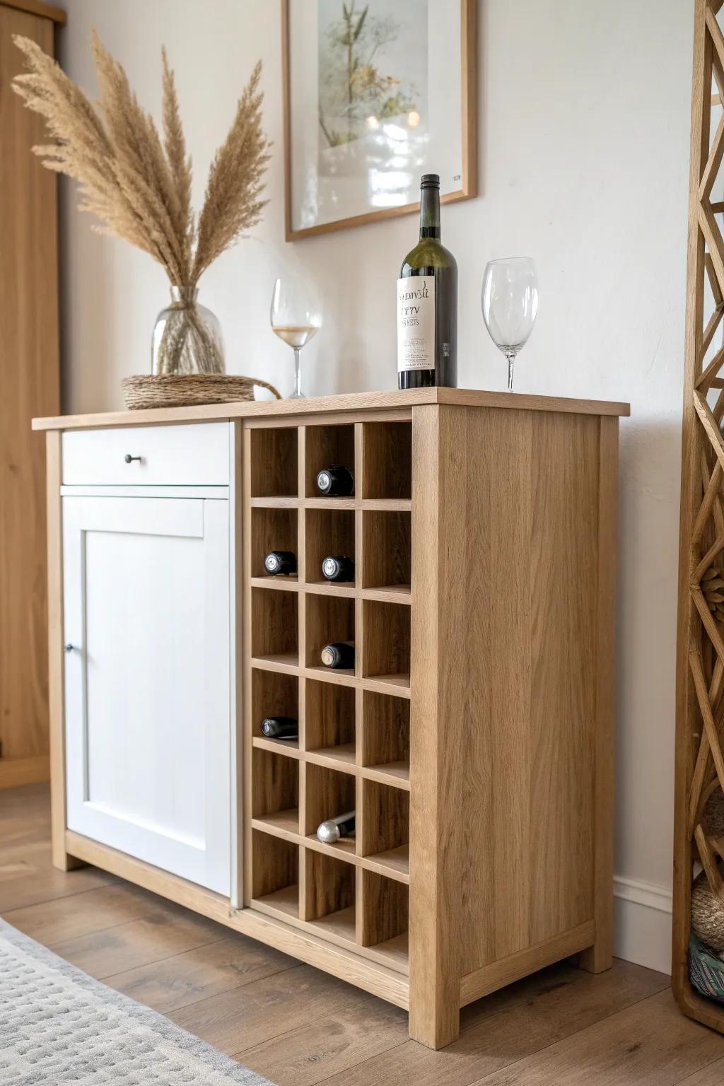 Built-in oak wine cubbies that look original to the cabinet—clean, cozy, and craft-forward.