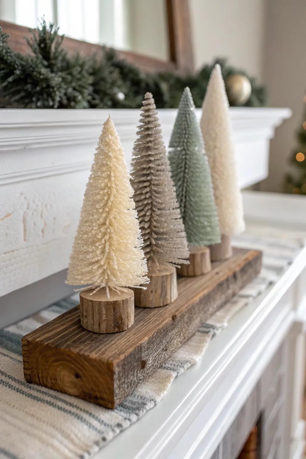 Neutral mini trees on a reclaimed wood riser for an instant winter-forest mantel moment.