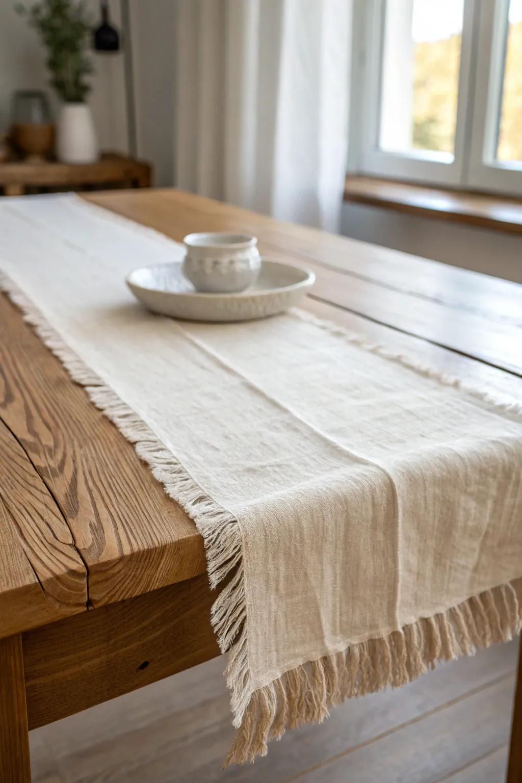 Let the wood grain shine—an airy ivory runner keeps winter tables light and inviting.
