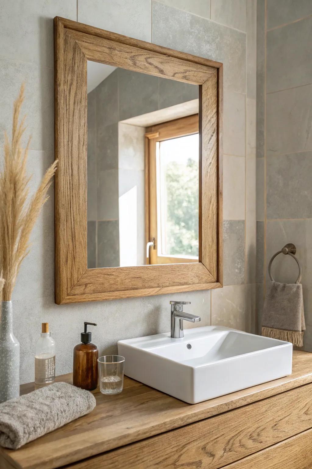 Budget upgrade: a chunky wood mirror frame + cool stone backsplash for instant spa vibes.