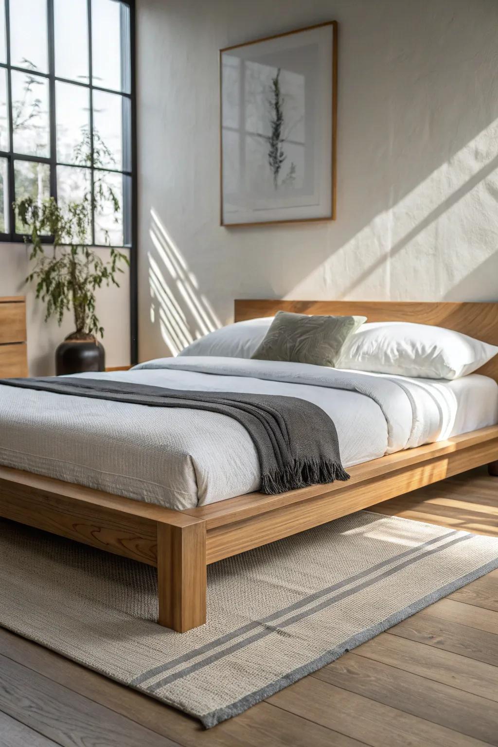 Extra-low Japanese platform bed in pale oak—calm, grounded minimalism with artisan warmth.