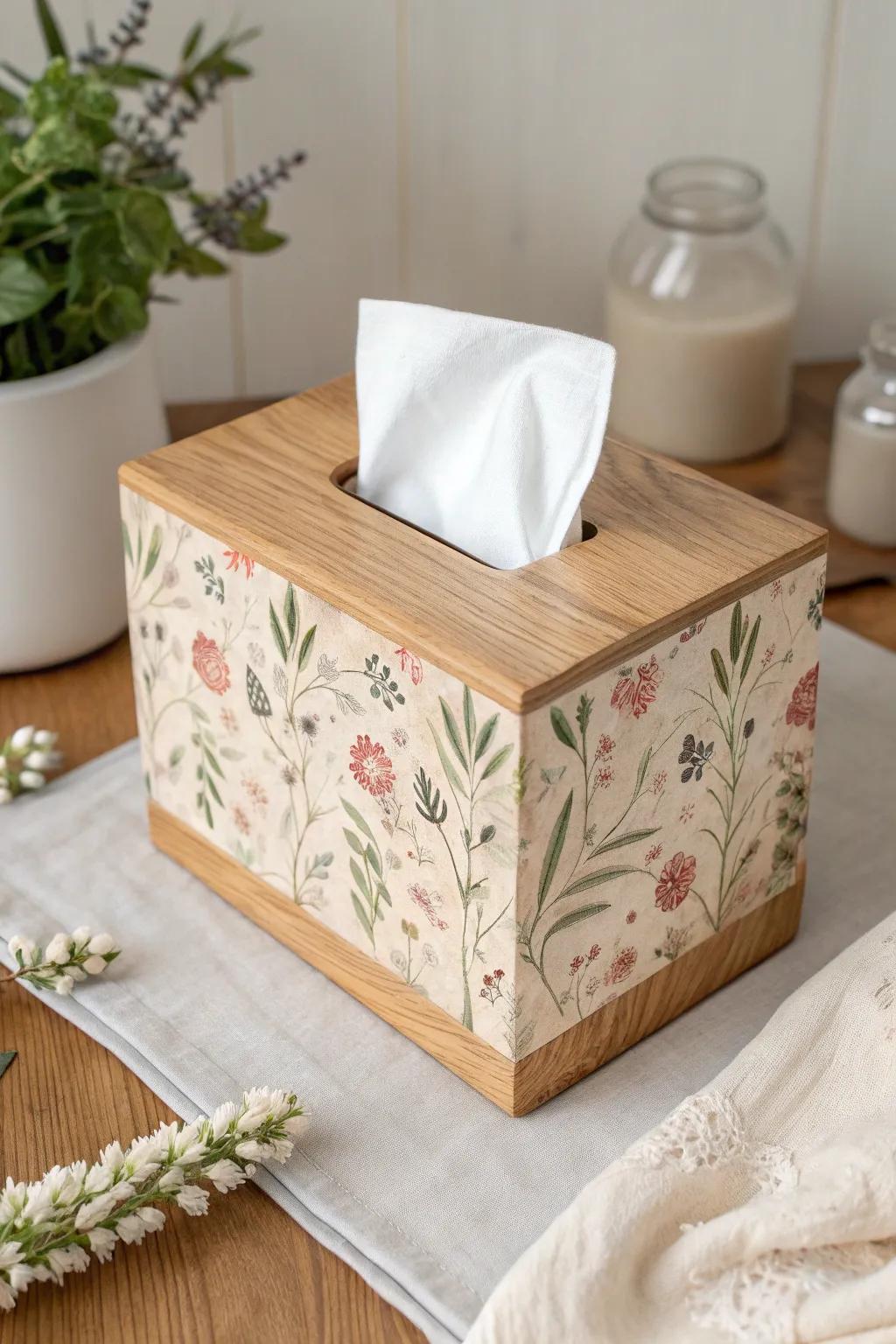 Soft floral decoupage tissue box cover—smooth, bubble-free finish with a simple wrap technique.