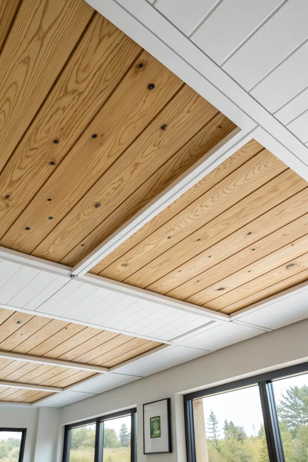Warm tongue-and-groove panel insert transforms a drop ceiling into a seamless wood feature.