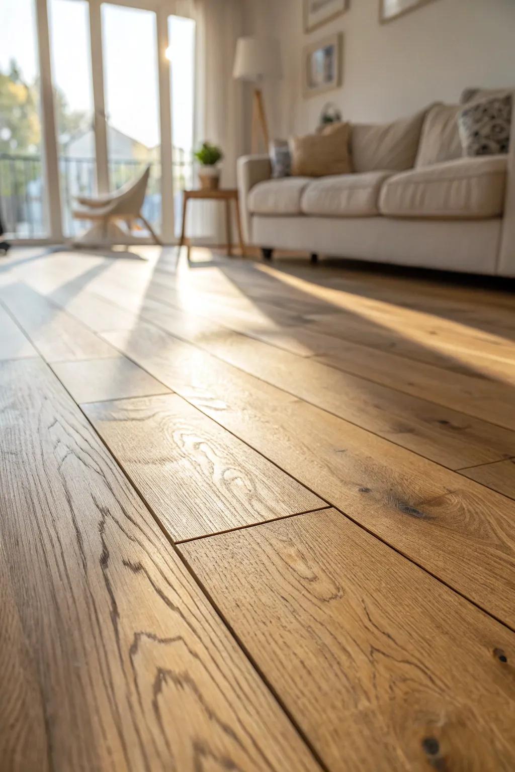 Matte oak floors add instant warmth—soft, lived-in, and forgiving of everyday footprints.
