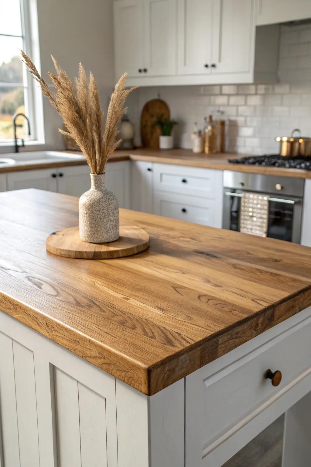 Warm oak island top paired with sleek stone counters—minimal, modern, and inviting.