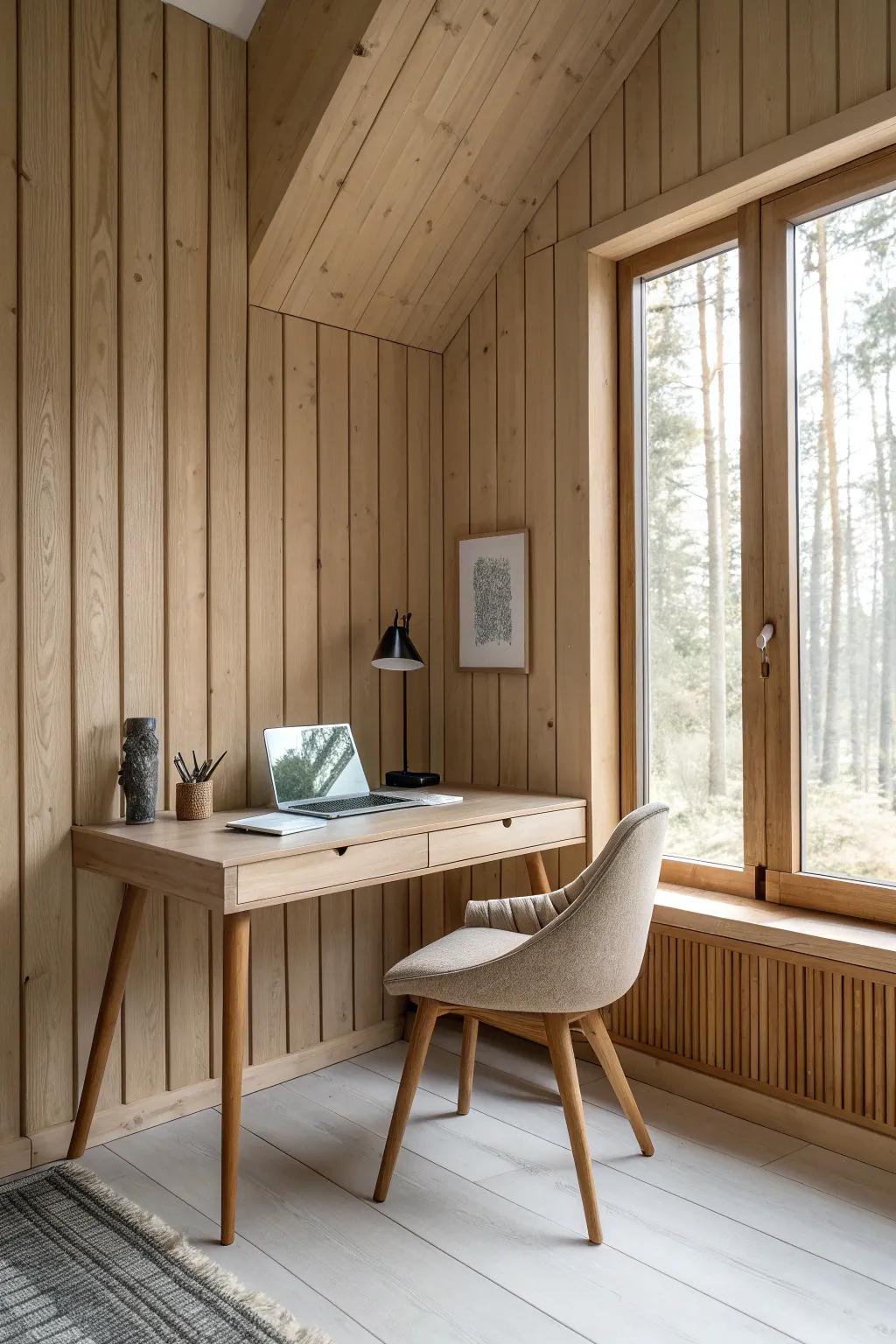 Monochrome wood paneling wraps the corner, creating a calm, cozy cocoon office zone.