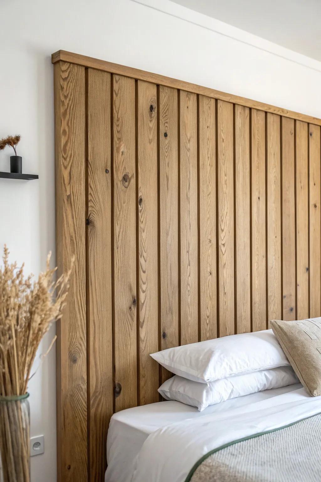 Let the oak grain be the star—warm, knotted panels create a calm, high‑end bedroom backdrop.