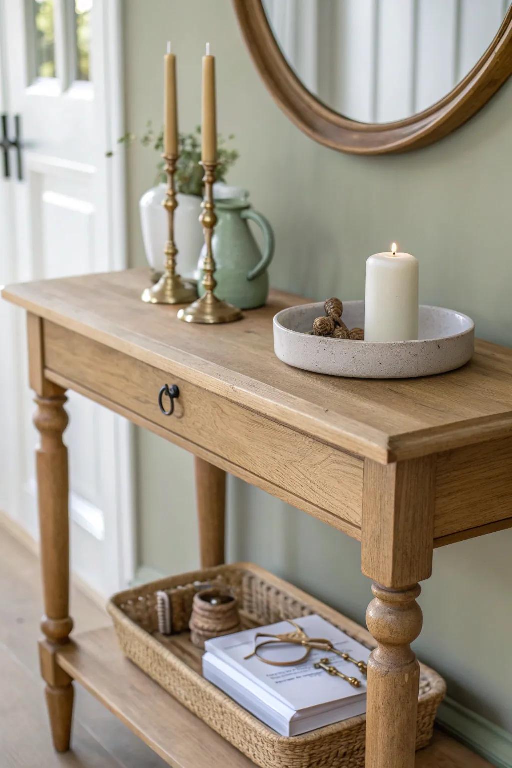 A wood riser with petite feet turns your console into a calm, stylish key drop zone.