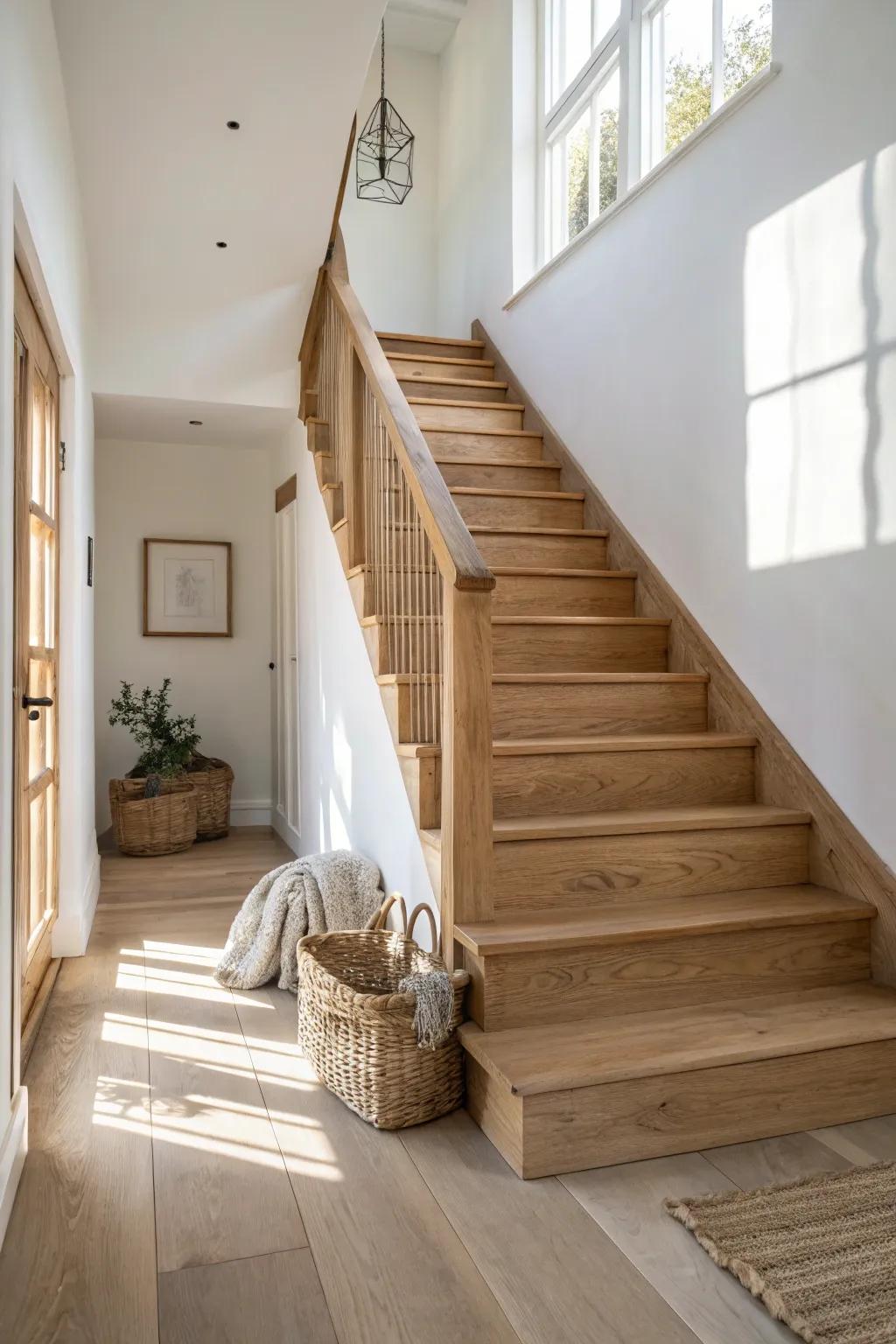 Clear-finish oak stairs that keep the fresh-milled look—airy, minimal, and timeless.