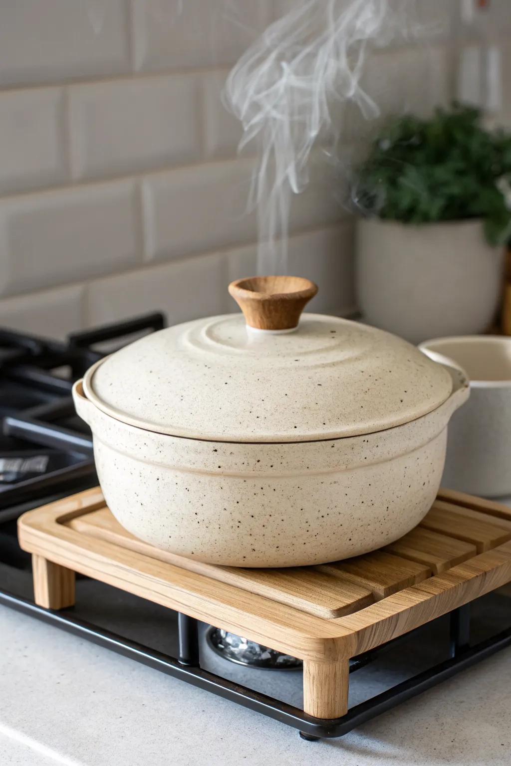 Soft cottage charm: a ceramic stove steamer on a matching trivet for gentle, humid warmth.