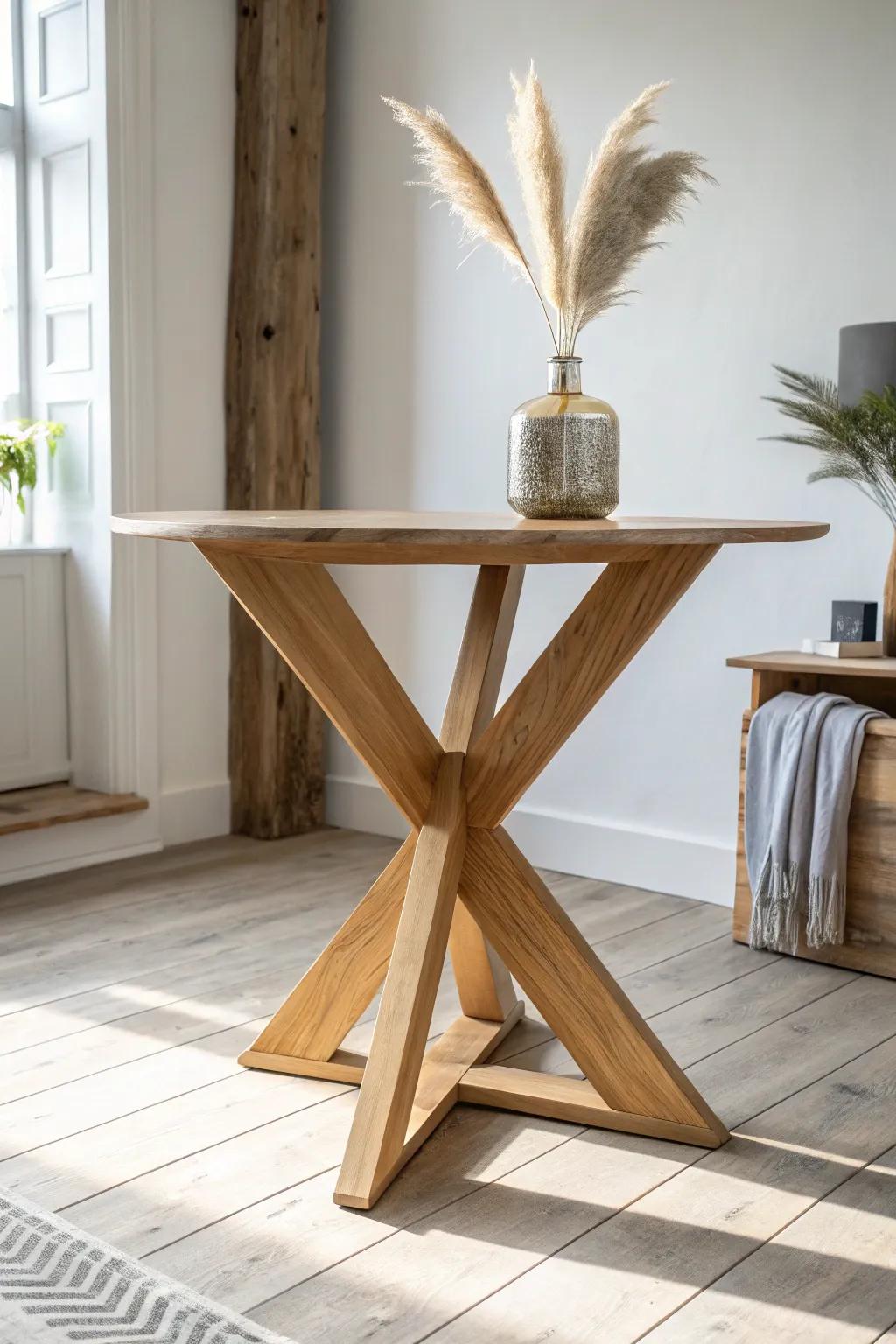 Modern angled cross base in warm wood—bold geometry, stable stance, Scandinavian calm.