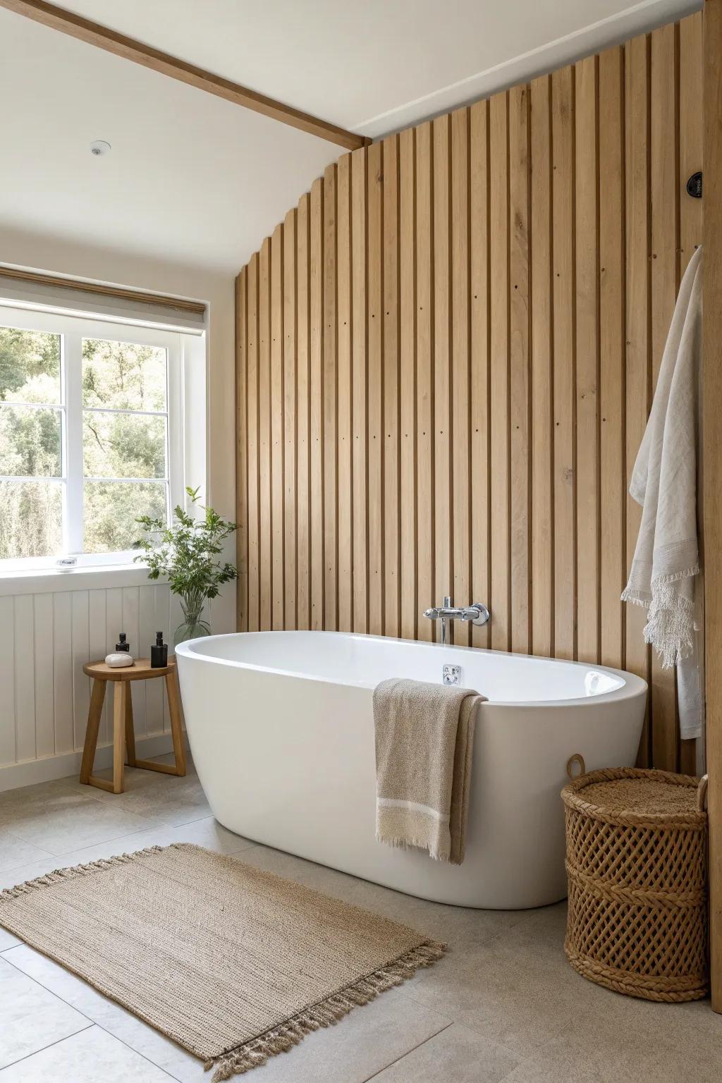 Vertical oak slat tub surround with a slim cap board—clean farmhouse texture, modern and warm.