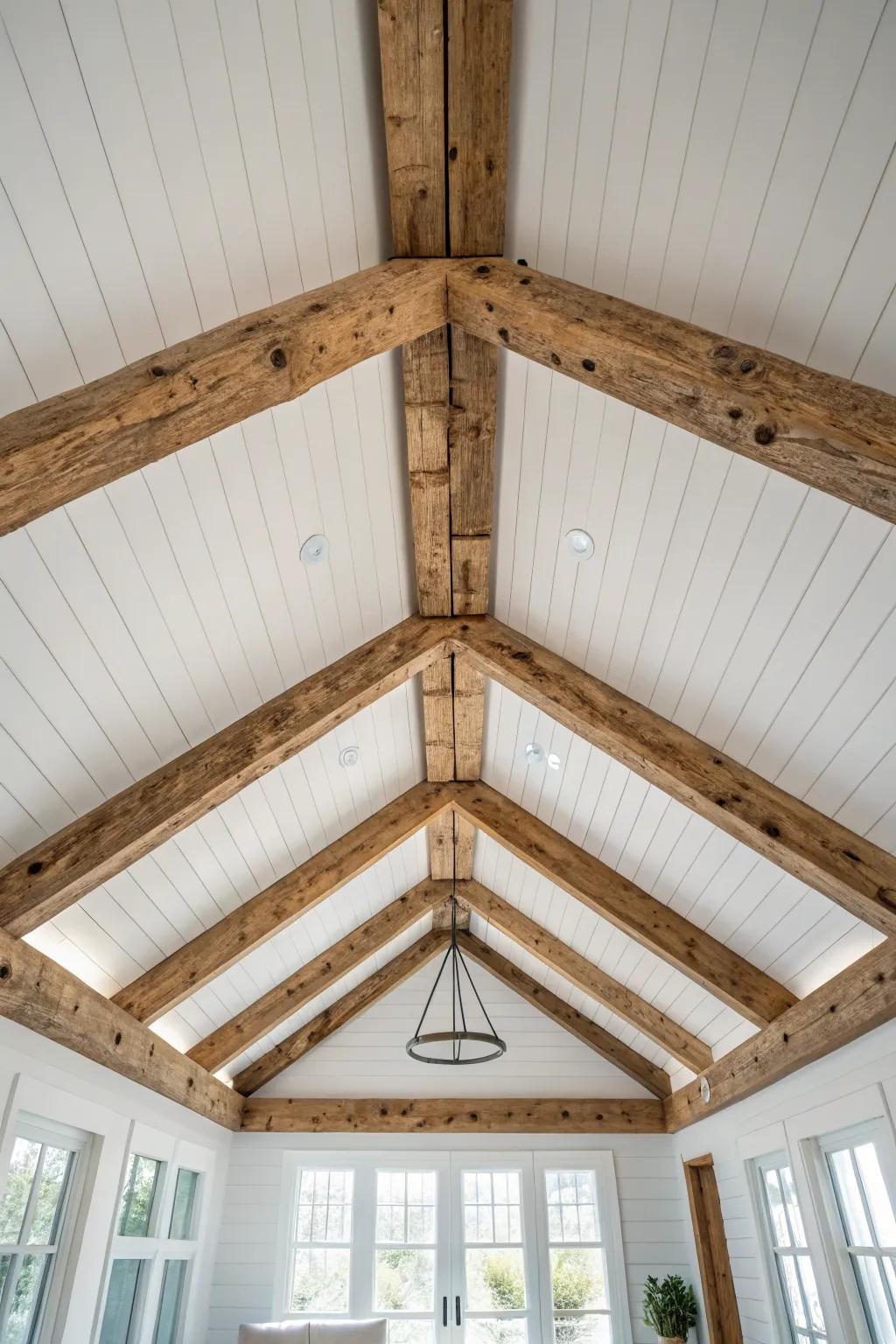 Reclaimed beams on a crisp white vaulted ceiling—warm patina, texture, and instant character.