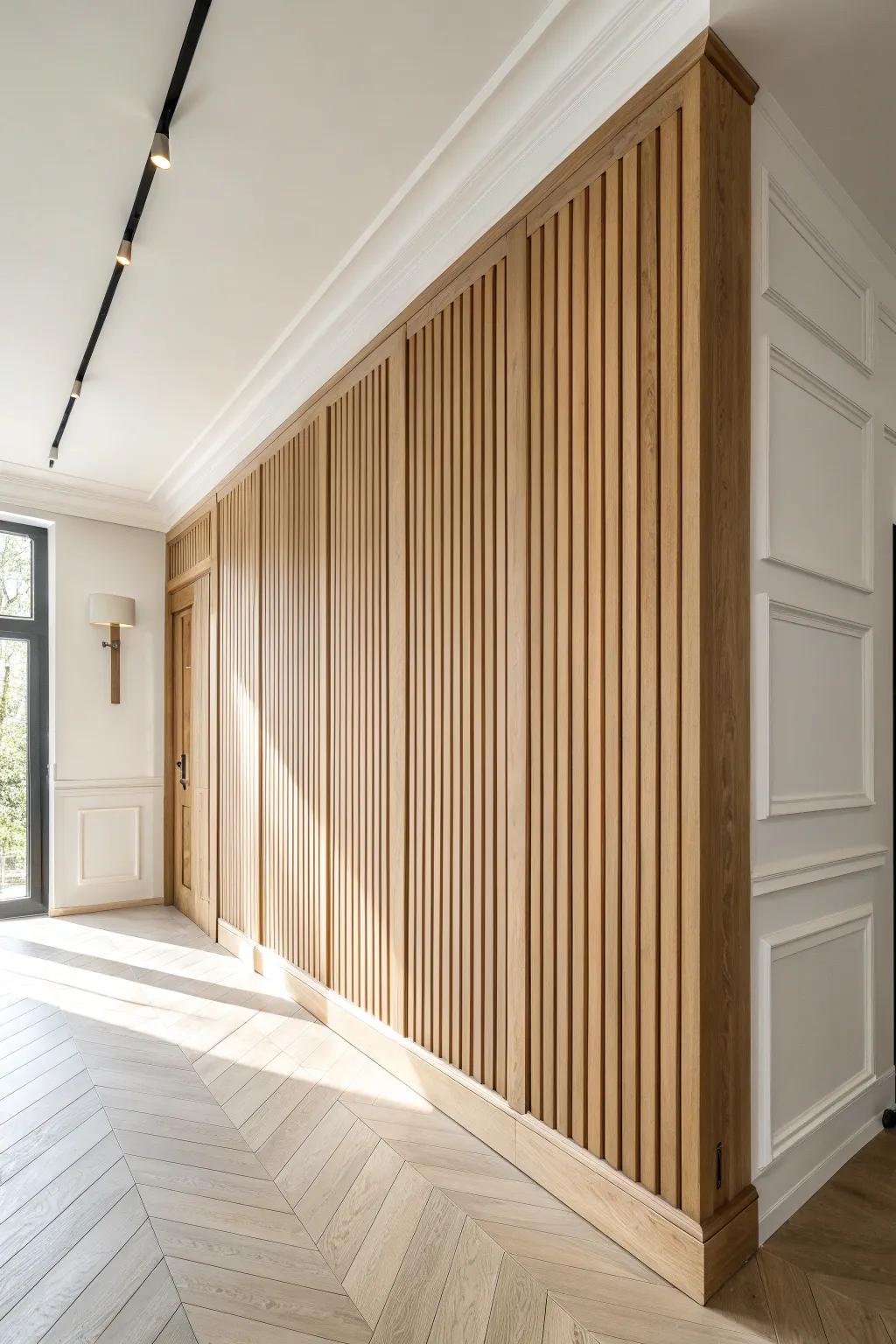 Vertical slat accent wall in two-tone stain—minimal, warm, and beautifully modern.
