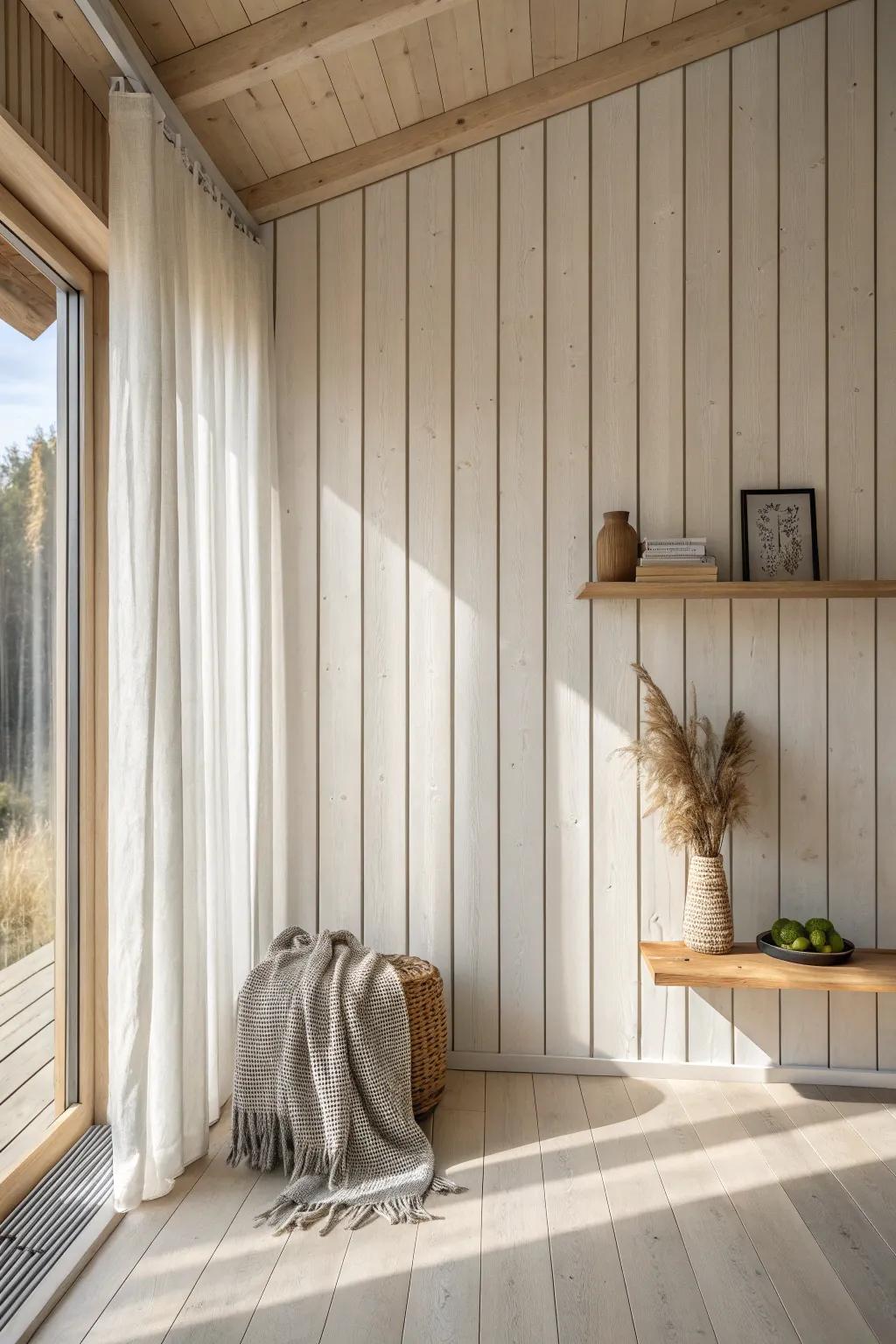 Seamless tongue-and-groove planks bring crisp lines, cozy warmth, and timeless accent-wall style.