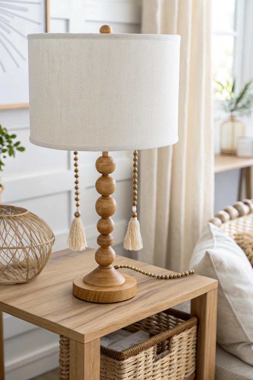 A simple loop of wooden beads on the finial makes any lamp look instantly styled.