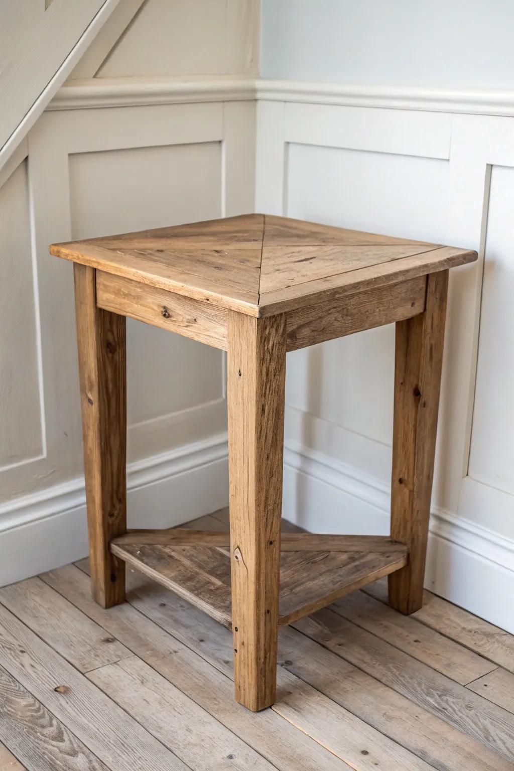 Rustic reclaimed-wood corner table with exposed joinery—minimal Scandinavian style, warm and honest.