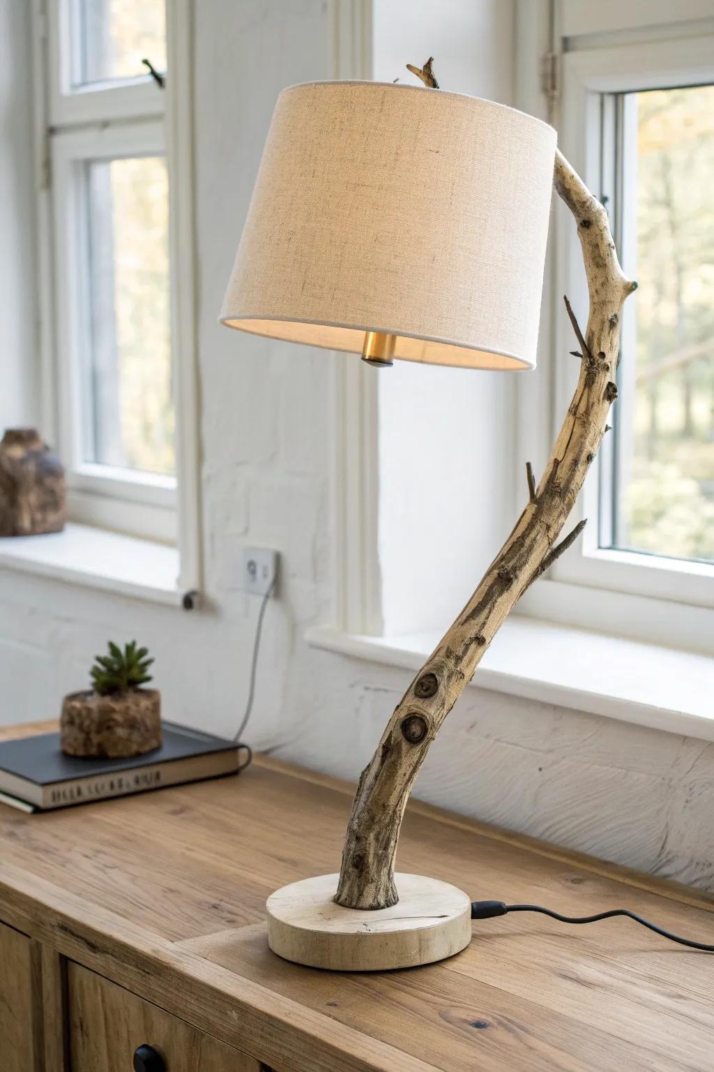 Branch-base desk lamp: sculptural birch fork meets soft linen shade in calm minimalist style.