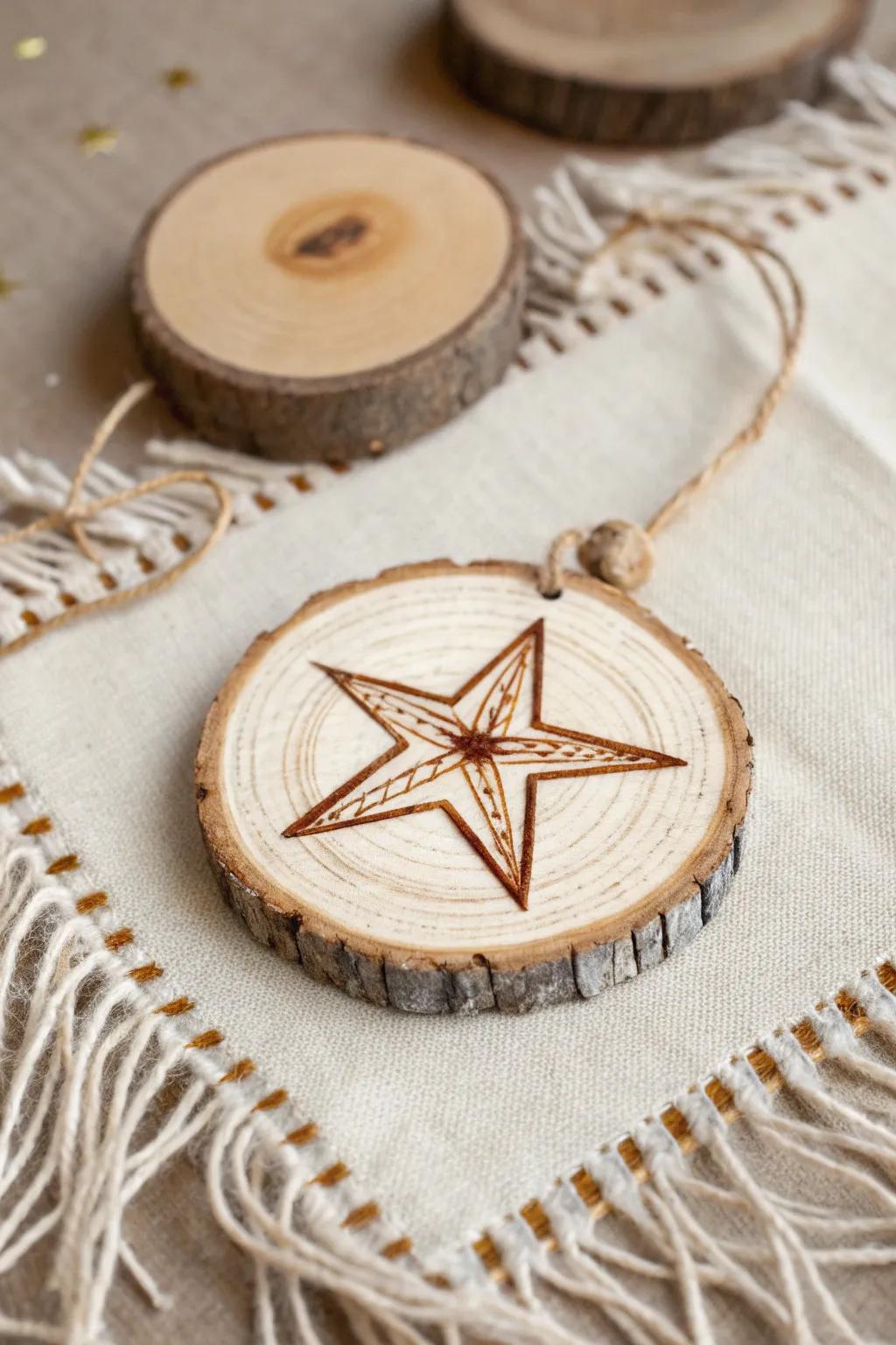 Rustic elegance: a bold wood-burned star on a simple birch slice ornament.