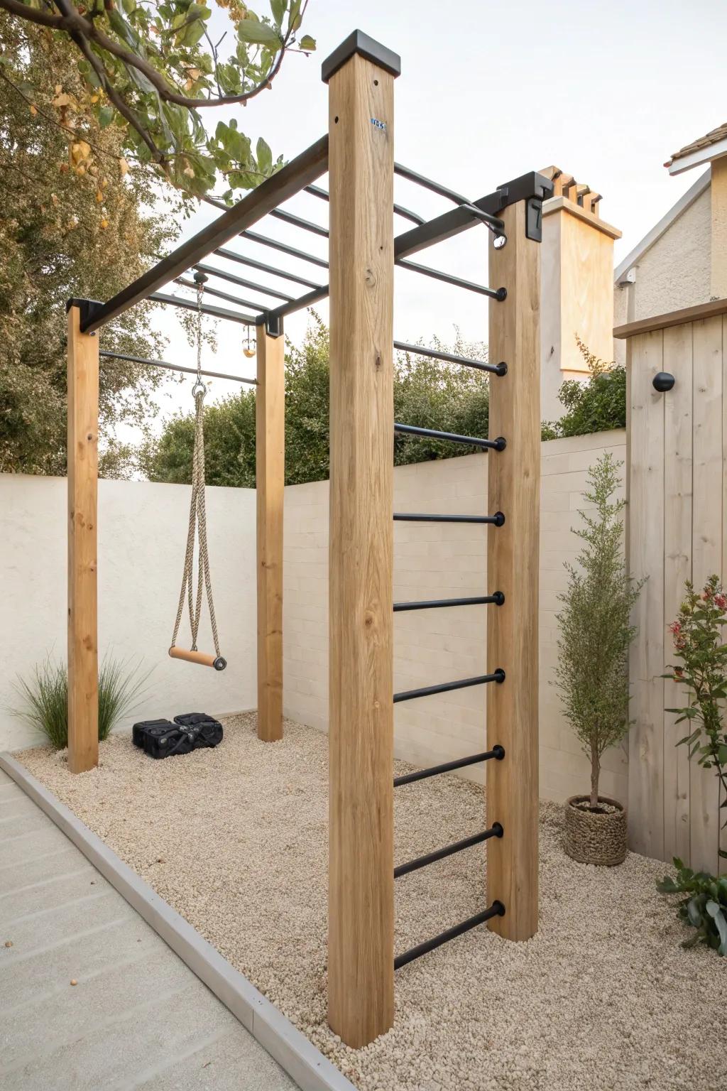 Minimal monkey bars between sturdy posts—small footprint, big play value with timeless craft.