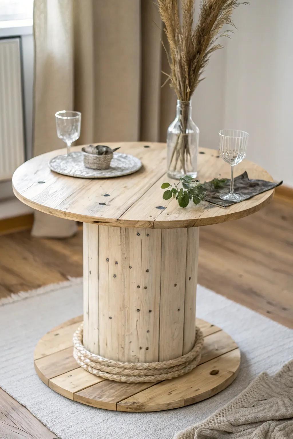 A smooth-sanded wooden spool cocktail table—minimal, boho-soft, and perfect for mingling.