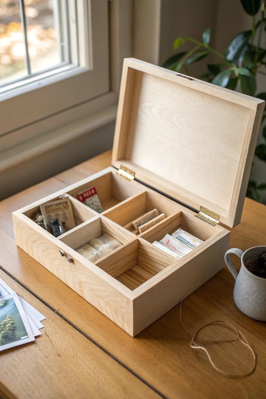 A simple divided wooden box keeps tiny essentials sorted—beautiful, calm, and clutter-free.