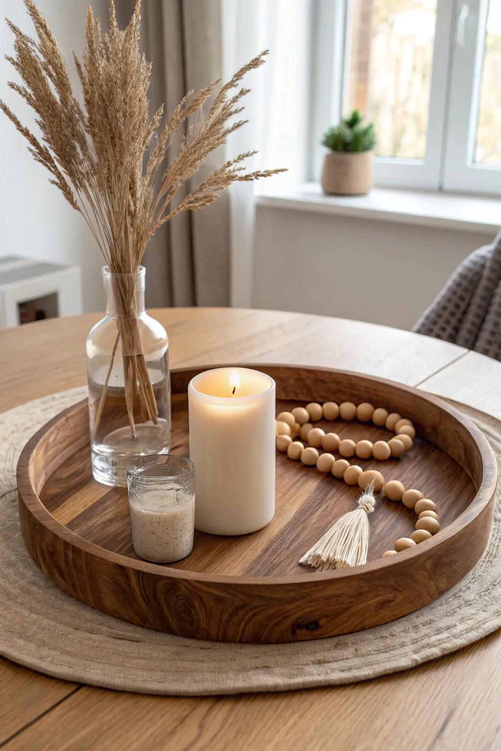 Round wooden tray centerpiece: mixed heights with pampas, candle, and beads for calm contrast.