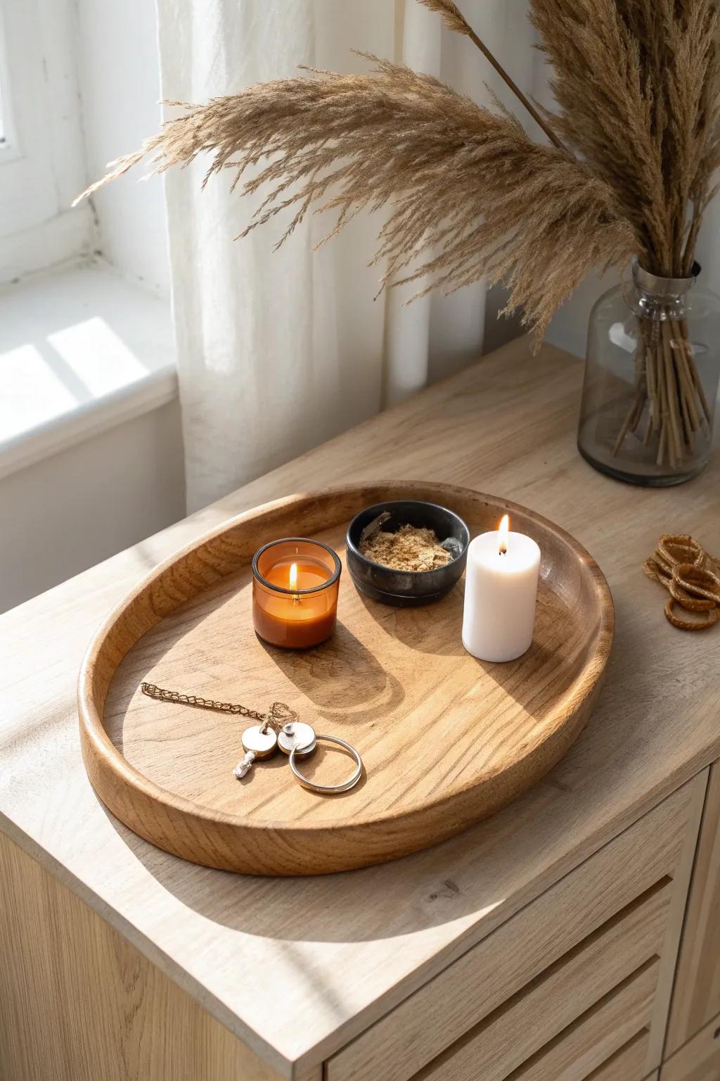 A warm wooden tray catchall that turns entryway clutter into calm, styled simplicity.