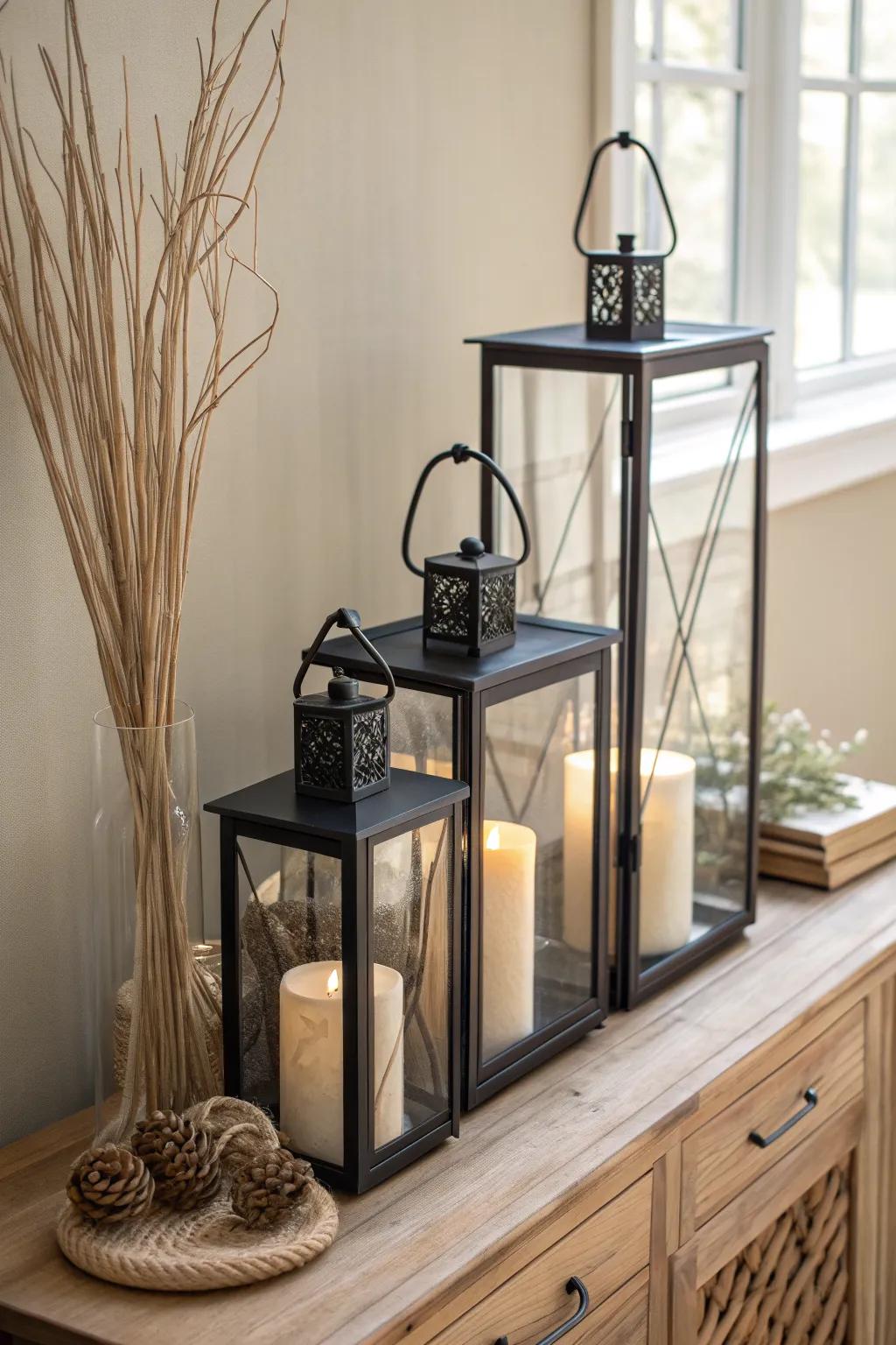 A rustic lantern cluster wrapped in twig bundles for cozy “forest path” glow indoors.