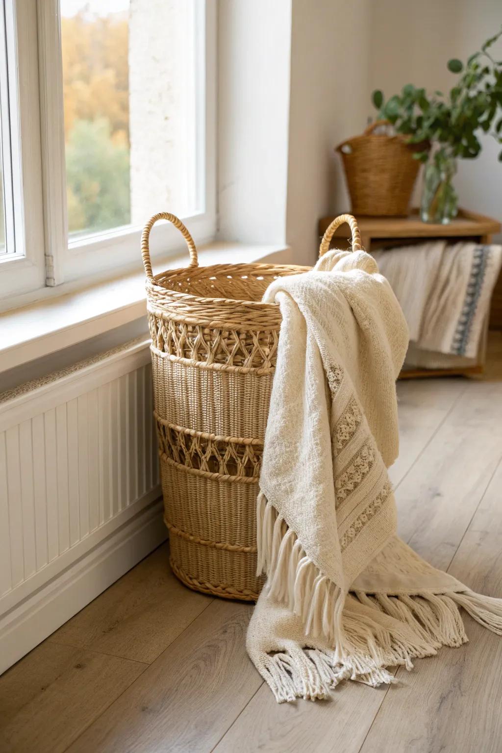 A woven basket + cozy blanket adds effortless woodsy storage with calm Scandinavian charm.
