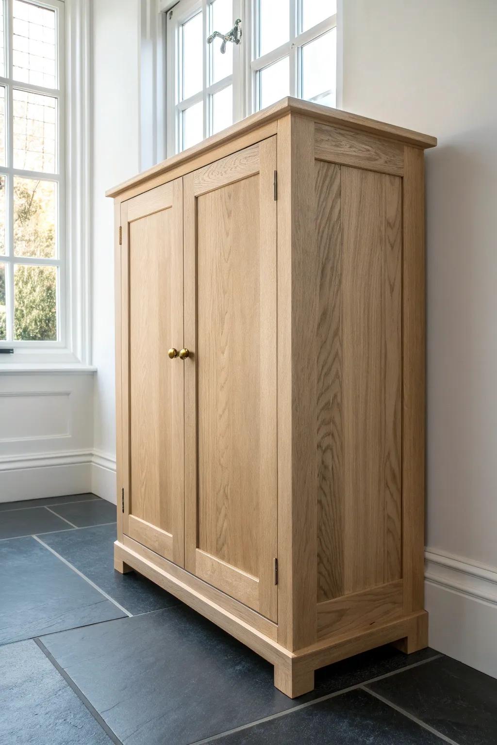 Closed Shaker-style lower cabinets hide pantry chaos beautifully—clean lines, warm oak, timeless calm.