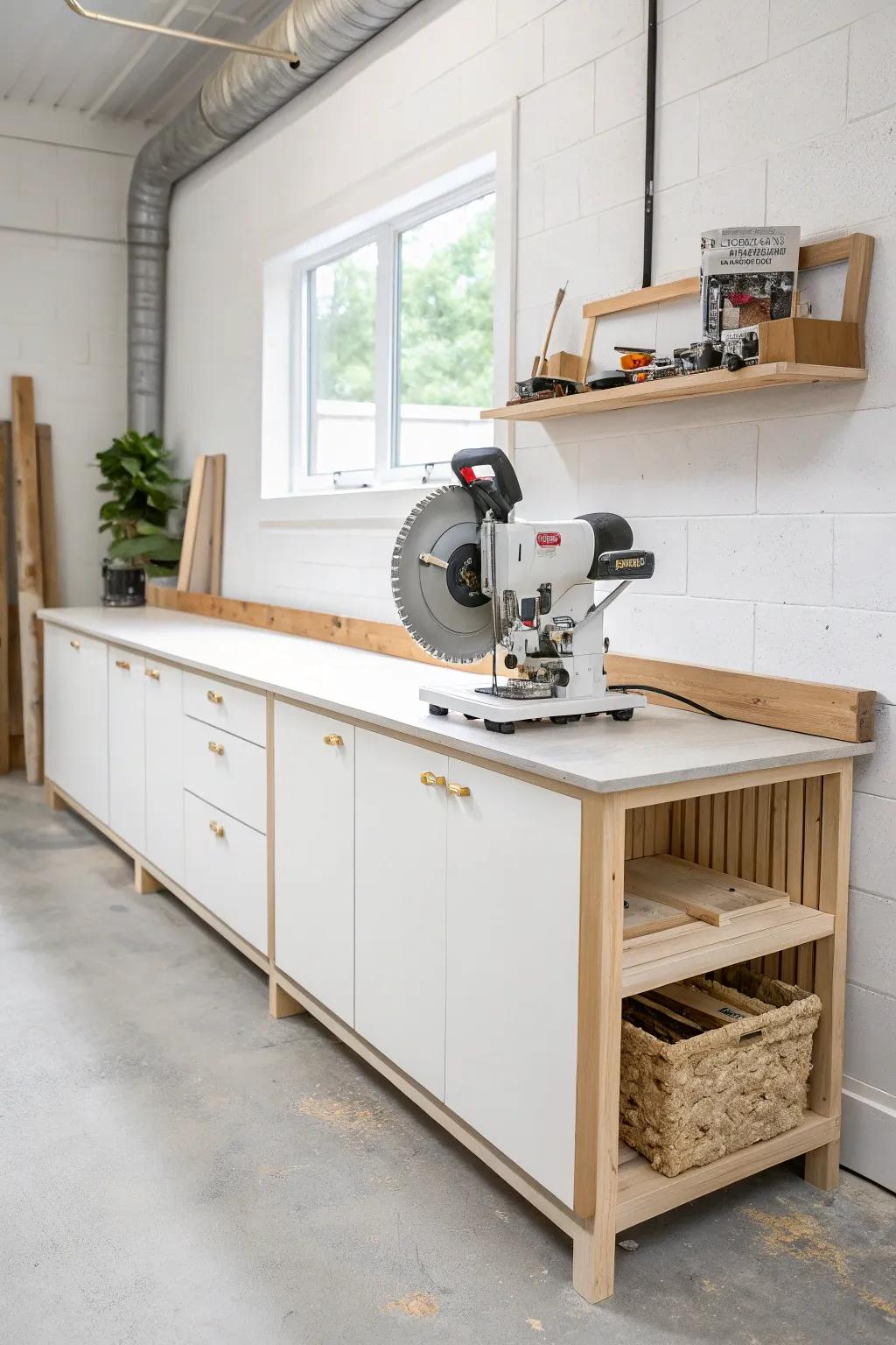 A sleek miter saw station with flush wings and calm, continuous cabinet storage.