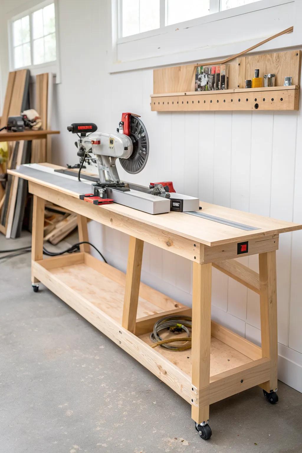 A calm, long miter saw station with wings and a stop block for effortless repeat cuts.