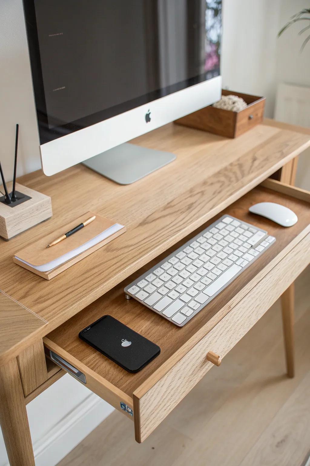 A pull-out keyboard tray in pale oak keeps your desktop open for real work—beautifully simple.