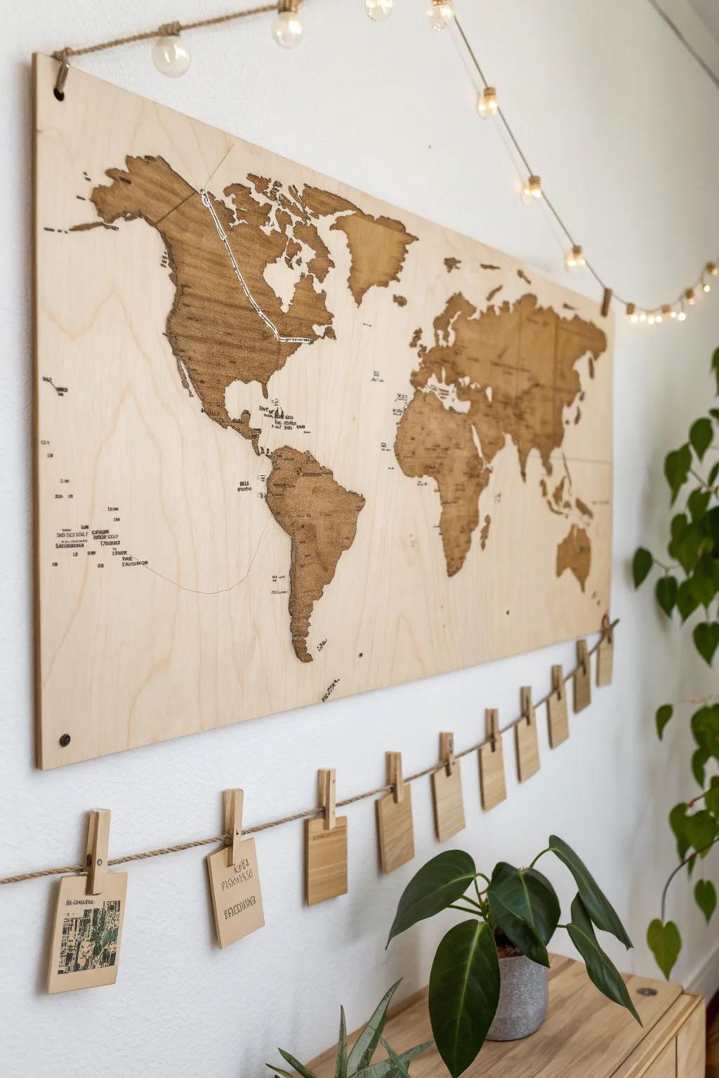 Dream-destination map with twine + tiny wood tags—pin your next adventure in style.