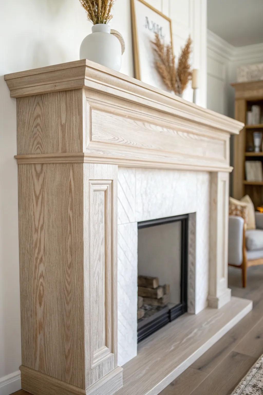Light whitewashed wrap-around mantel—bright, seamless corners with wood grain still glowing.